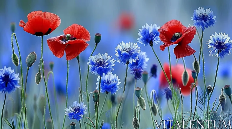 Stunning Red Poppies and Blue Cornflowers in Field AI Image