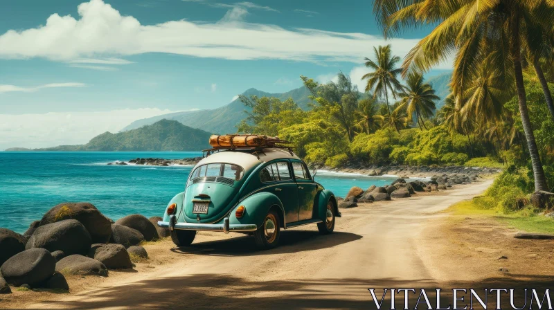 AI ART Vintage Volkswagen Beetle on Tropical Beach with Surfboard