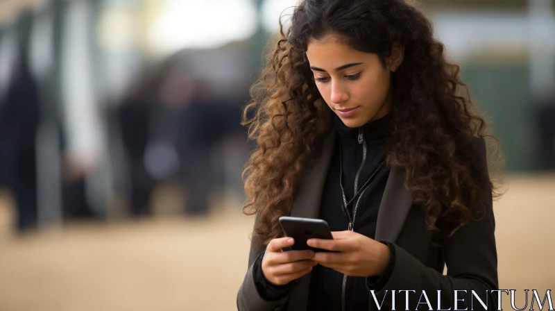 Young Woman with Smartphone in Green Jacket AI Image