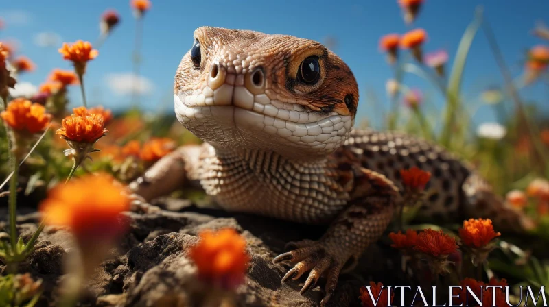 Brown and White Lizard on Rock in Flower Field AI Image