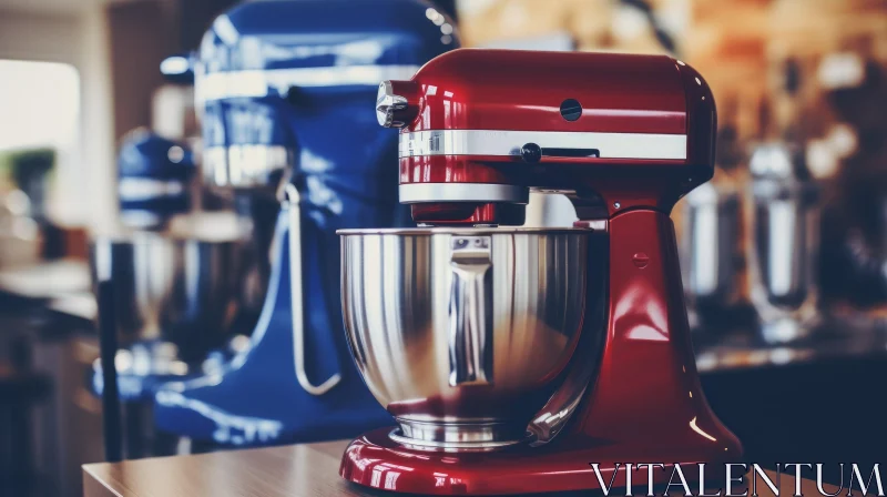 Colorful Kitchen Stand Mixers on Wooden Table AI Image