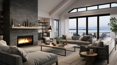 Modern Living Room with Fireplace and Lake View