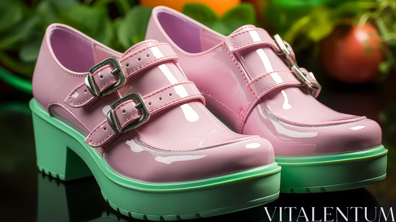 Pink Shiny Leather Shoes with Green Soles AI Image