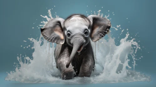 Playful Baby Elephant Splashing in Blue Water