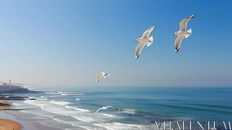 AI ART Seagulls Flying over Blue Ocean - Beautiful Nature Scene