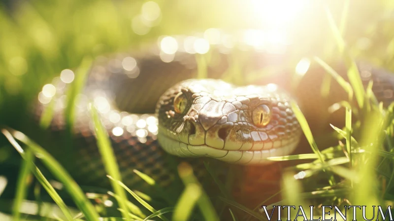 AI ART Sunlit Snake Close-Up in Green Grass
