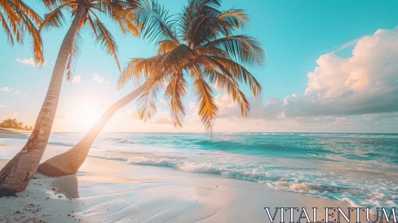 Tranquil Beach Sunset with Palm Tree and Waves AI Image