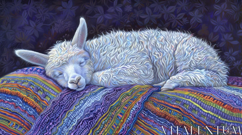 White Llama Sleeping on Colorful Blanket Painting AI Image