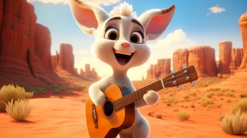 Cartoon Rabbit Playing Guitar in Desert