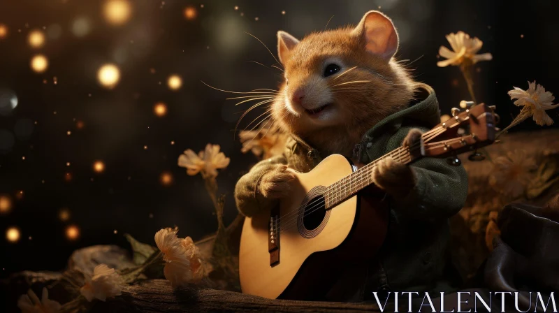 Enchanting Mouse Playing Guitar in Forest Setting AI Image