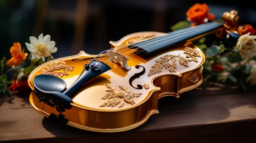 Exquisite Golden Violin with Floral Carvings on Wooden Surface