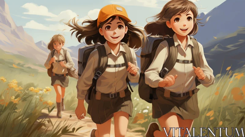 AI ART Happy Girls Hiking in Mountain Landscape
