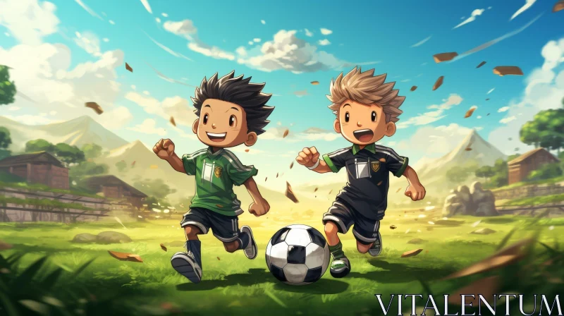 Joyful Soccer Game on Field with Boys and Mountains AI Image