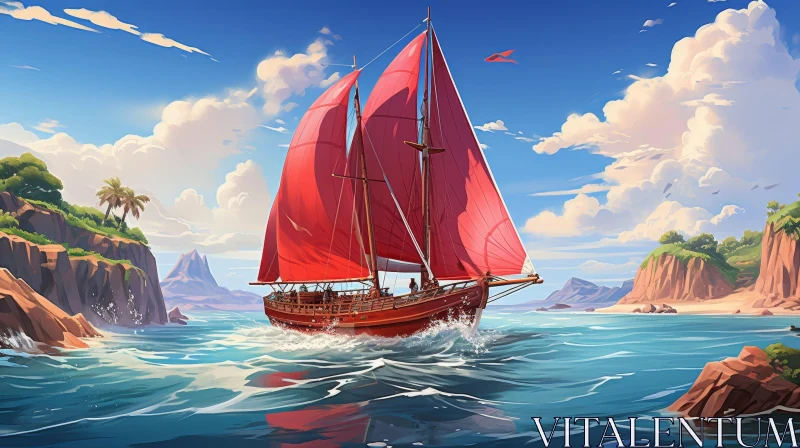 Red-Sailed Ship at Sea - Digital Painting AI Image