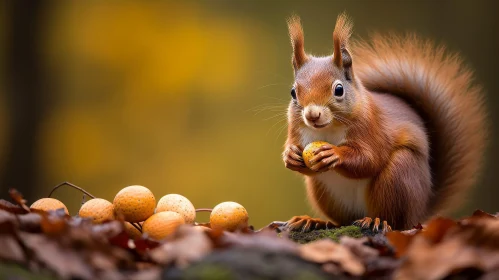Red Squirrel on Tree Branch with Nut - Wildlife Photography