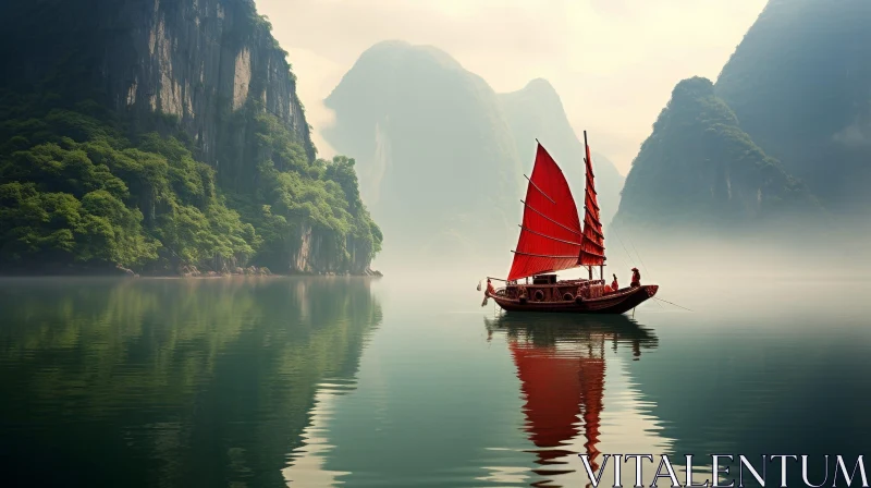 Tranquil Boat with Red Sails on Lake AI Image
