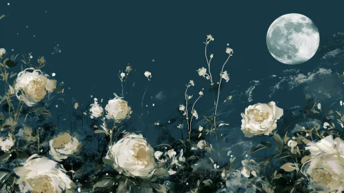 White Rose Bush under Full Moon - Serene Floral Landscape