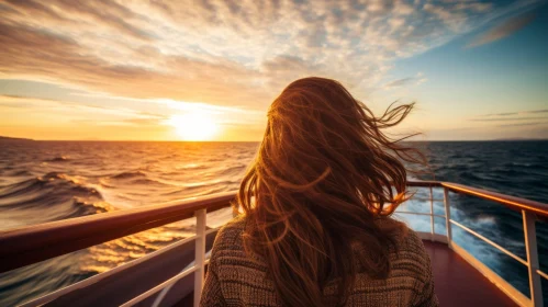 Woman on Ship Deck Watching Sunset over Sea