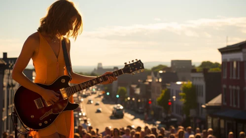 Young Woman Playing Guitar at Sunset on Rooftop