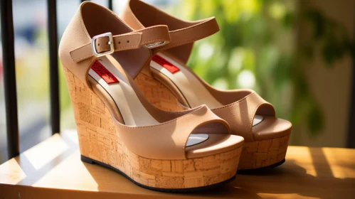Beige Leather Wedge Sandals with Ankle Straps Outdoors