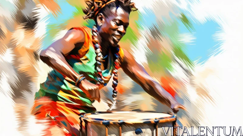 Joyful African Man Playing Djembe - Colorful Painting AI Image