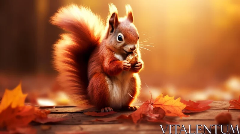 Red Squirrel Holding Nut on Wooden Table AI Image