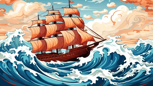 Sailing Ship on Rough Sea Digital Painting