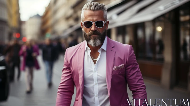 AI ART Serious Man in Pink Suit Walking Down City Street