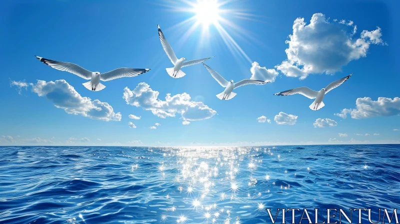 Tranquil Scene of Seagulls Flying Over the Sea AI Image