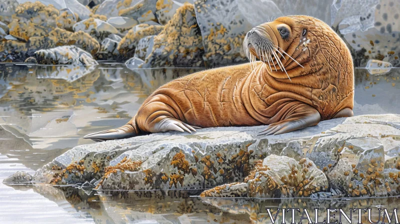 Walrus Painting on Rocky Shore AI Image