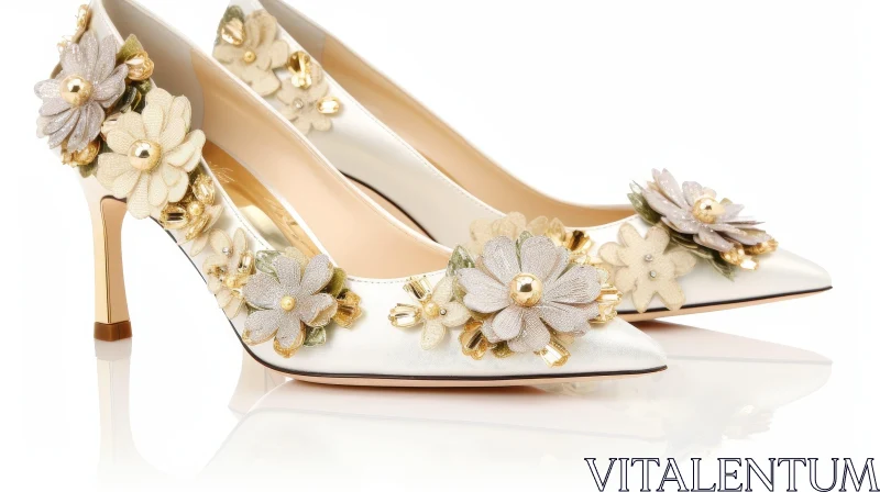 White Satin Wedding Shoes with Floral Embellishment AI Image