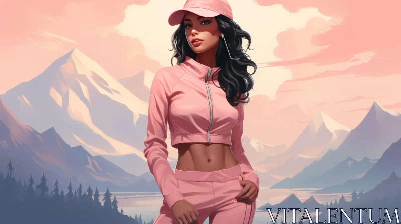 Young Woman in Pink Tracksuit Against Mountain Landscape AI Image
