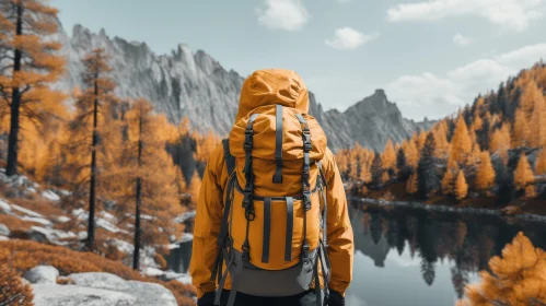 Autumn Mountain Lake Landscape with Person in Yellow Jacket