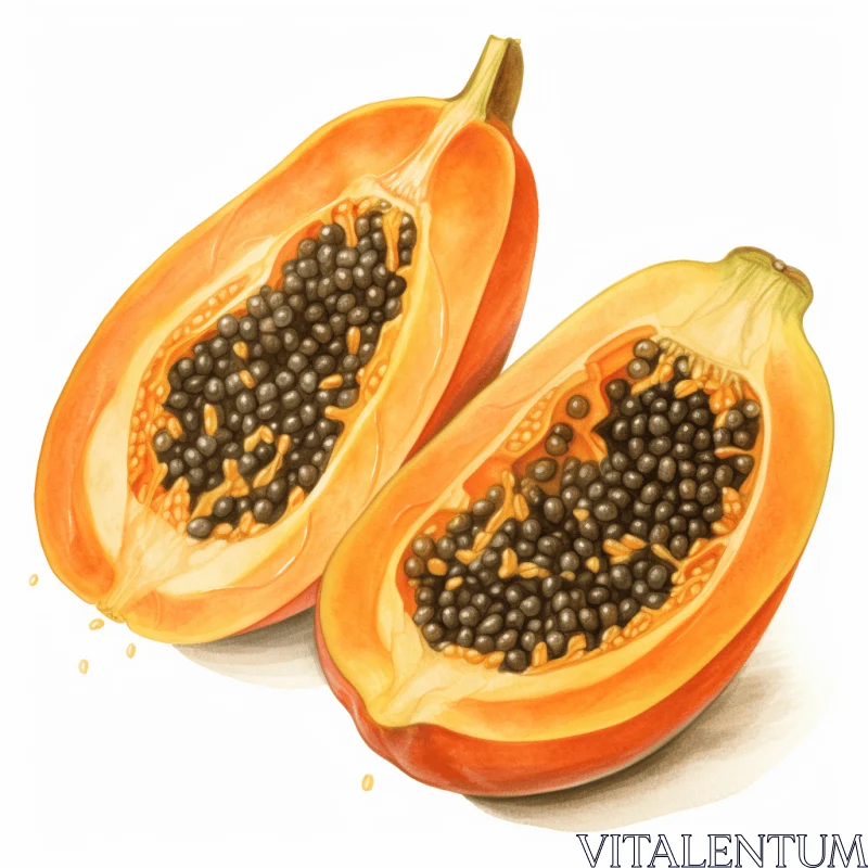 Detailed Brushwork Illustration of Sliced Papaya and Papaya Beans AI Image