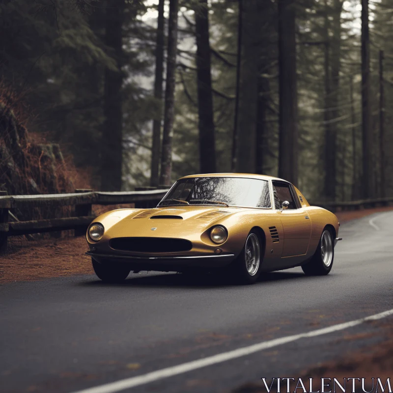 Enchanting Forest Drive: Classic Car Amidst Golden Hues AI Image