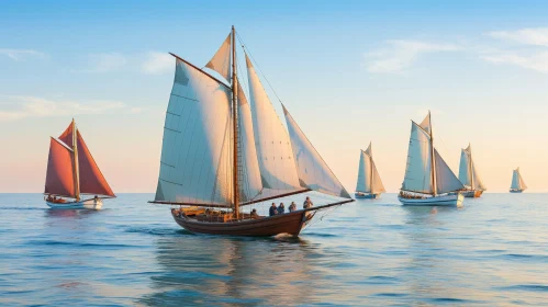 Old Wooden Sailing Ships Regatta at Sunset