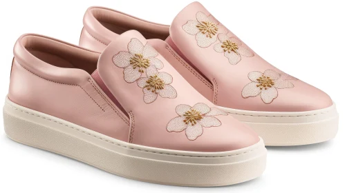 Pink Leather Slip-On Sneakers with Floral Embroidery