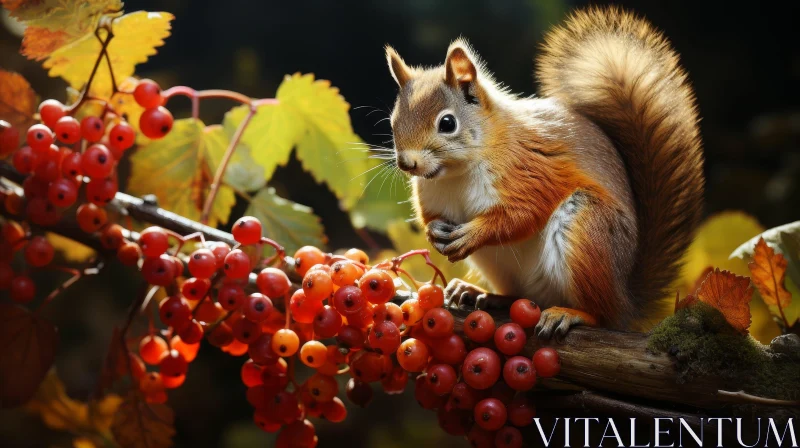 AI ART Red Squirrel Eating Berries on Tree Branch