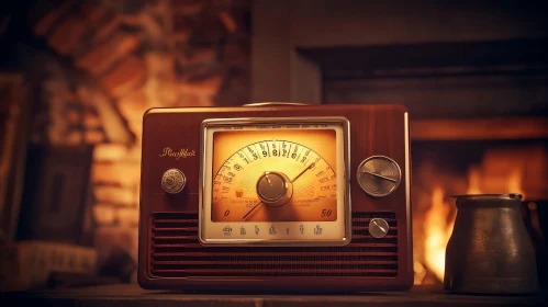 Vintage Radio Receiver on Wooden Table by Fireplace