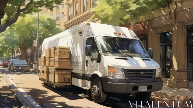 White Delivery Truck Parked on City Street AI Image