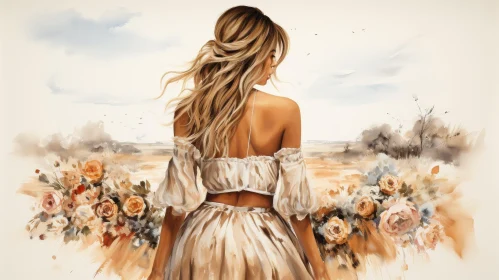 Woman in Field of Flowers Watercolor Painting