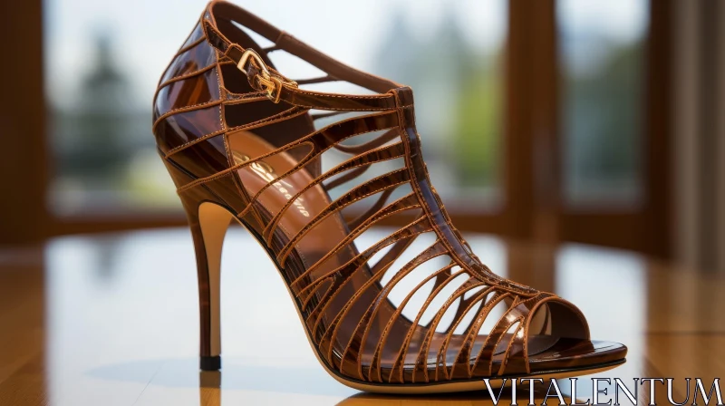 Brown Leather Woman's High Heel Shoe on Wooden Table AI Image
