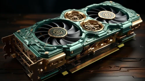Golden Fans Computer Graphics Card on Wooden Surface