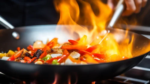 Intense Culinary Action: Chef Cooking Colorful Dish in Wok