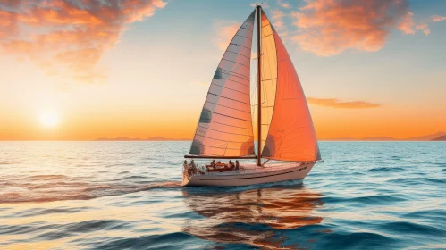 Orange Sailboat Sailing at Sunset