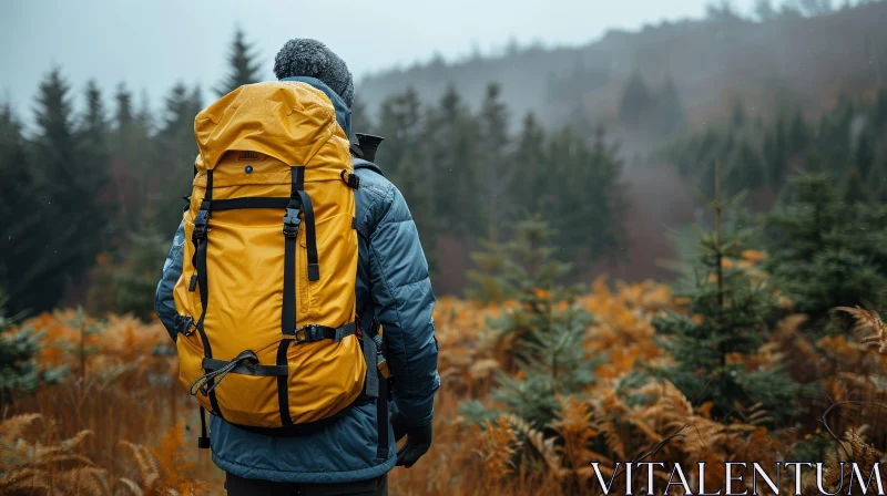 Person in Field with Yellow Backpack and Camping Gear AI Image