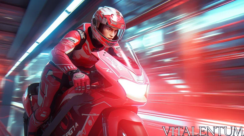 AI ART Red and White Motorcycle Rider in Tunnel