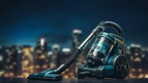 Blue Modern Vacuum Cleaner on Night Cityscape Background