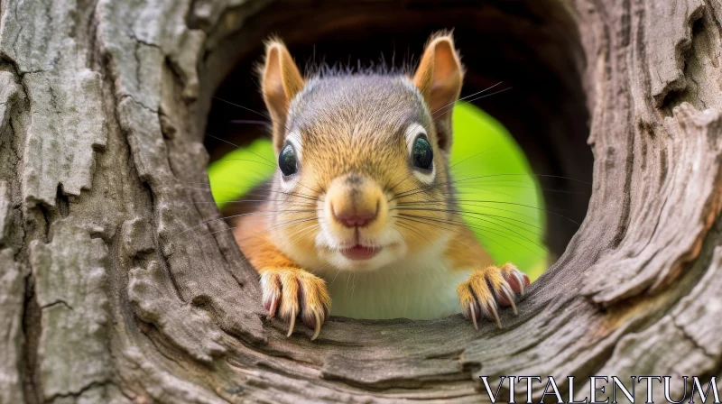 Close-Up Squirrel Peeking from Tree Hole in Forest AI Image