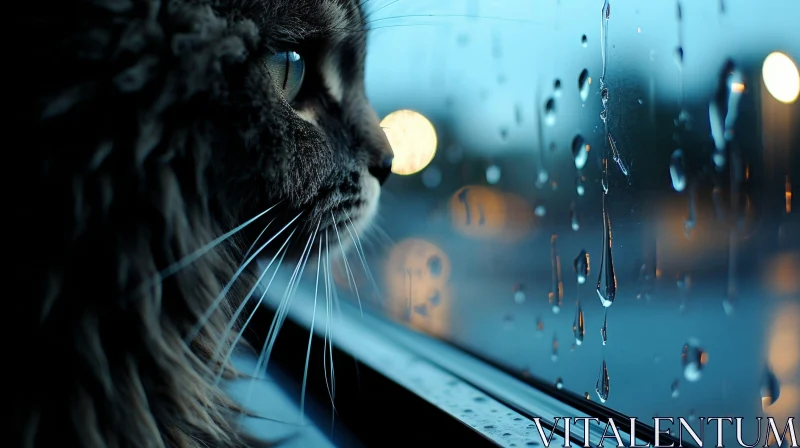 Intense Cat Observation by Raindrop-Covered Window AI Image